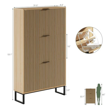 Shoe Cabinet Storage with 3 Flip Drawers, Shoe Organizer Cabinet for Entryway, Modern Freestanding Hidden Shoe Rack Organizer Shoe Cupboard for Hallway, Natural Wood - size: 3 Flip Drawers