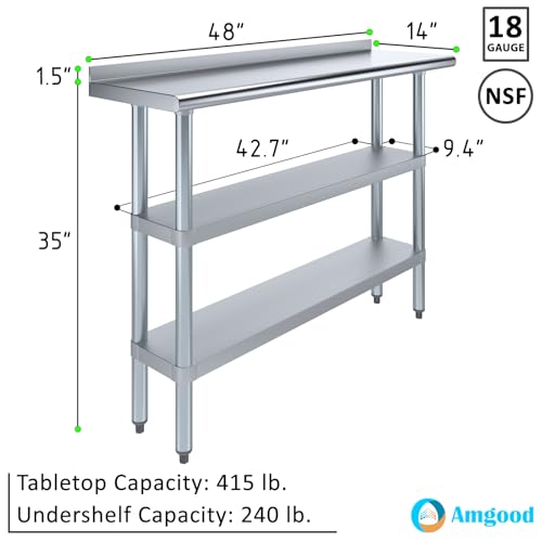AmGood Stainless Steel Work Table with 1.5" Backsplash and 2 Shelves | Metal Kitchen Food Prep Table | NSF (48" Long x 14" Deep) - size: 48" Long x 14" Deep