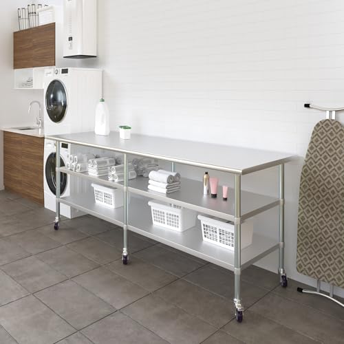 AmGood Stainless Steel Work Table with 2 Shelves and Casters | Metal Utility Table On Wheels (Stainless Steel, 96" Long x 30" Deep) - size: 96" Long x 30" Deep