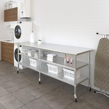 AmGood Stainless Steel Work Table with 2 Shelves and Casters | Metal Utility Table On Wheels (Stainless Steel, 96" Long x 30" Deep) - size: 96" Long x 30" Deep