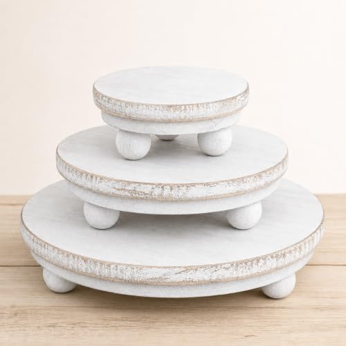 Amyhill 3 Pcs 8/6/4 Inch Wooden Risers for Display Wood Pedestal Stand Mini Tray Stand Round Wooden Pedestal Holder Rustic Riser for Decor Tiered Tray Decor Home Kitchen(Washed White) - color: Washed White, size: 8/6/4 Inch