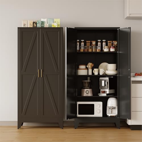 COFaR 61'' Tall Metal Storage Cabinet, Farmhouse Kitchen Pantry Cabinet with Doors and 3 Adjustable Shelves, Black Metal Cabinets for Garage, Kitchen, Bathroom, Laundry, 4-Tier - color: Black, size: 61 Tall 2 Doors-Tree Door