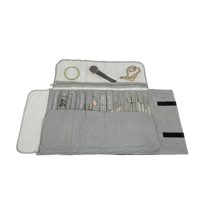 Velvet Travel Jewelry Case Roll Bag Organizer for Necklace Bracelet Earrings Ring (Black) (grey and black) - color: Grey and Black