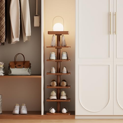 6-Tier Vertical Shoe Rack, Narrow Shoe Tower for Small Space - color: Walnut, size: 11.4"D×10.8”W×43.3"H