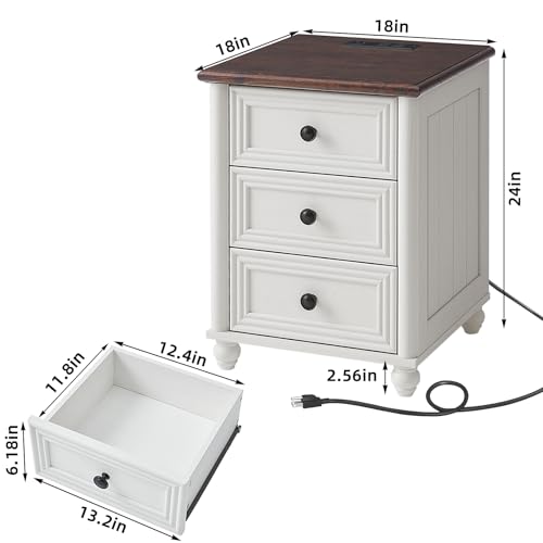 RWYHG 18" Night Stand with Charger Station, Nightstand with 3 Drawers | Farmhouse Modern Bedside Table, Metal Handle, Roman Column Legs, White Bed Side End Tables for Bedroom Living Room - color: Elegant White, size: 18"D x 18"W x 24"H (3 Drawers)