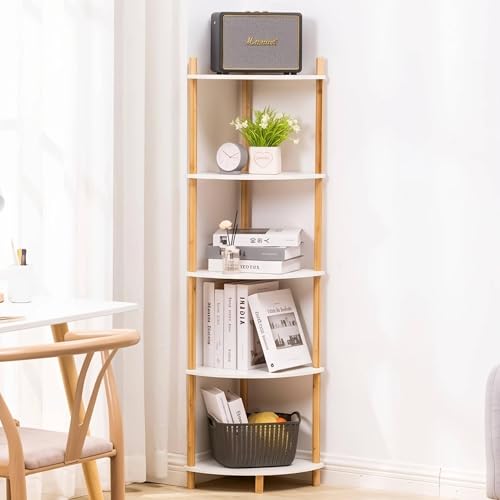 5-Tier Expandable Bamboo Corner Shelf Stand,Corner Bookshelf, Display Storage Shelves with Open Shelves, for Organization and Storage, Living Room, Home Office, Garage (White, 5-Tier) - color: White 5-tier
