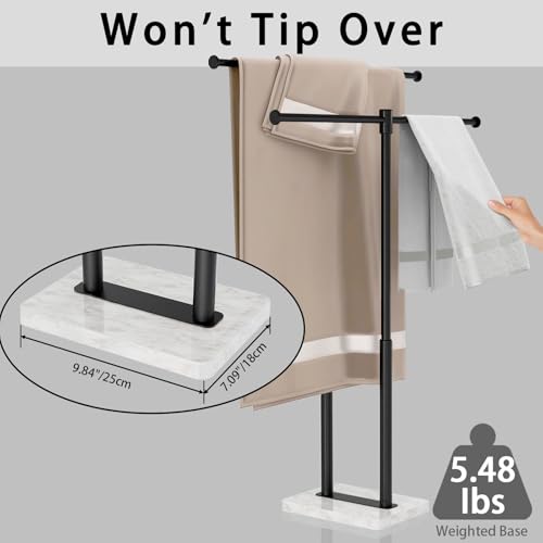 Free Standing Towel Racks Matte Black 2-Tier Towel Holder for Bathroom Floor Stand with Heavy Marble Base Thicken Steady Design Stainless Steel