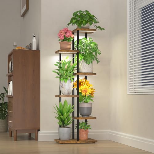 LASZOLA Black 5 Tier Wood Tall Plant Stand Indoor with Grow Lights, Large Heavy Duty Vertical Corner Rack for Multiple Planter, Sturdy Metal Rustic High Flower Shelf Holder Organizer for House Patio - color: Rustic Brown with Lights, size: 5 Tier