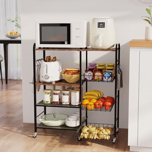 HapiRm Rolling Kitchen Microwave Cart - 4 Tier Microwave Table Stand with Pull-Out Baskets, Coffee Bar Baker's Rack with Wheels Rolling Storage Cart Organizer Shelf for Living Room Office, Balcony - color: Brown