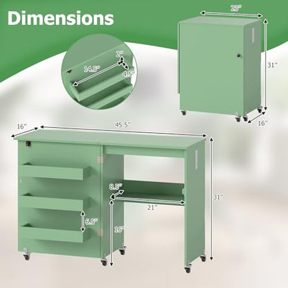Giantex Folding Sewing Table with Charging Station, Storage Trays & Shelf | Rolling Craft Table with Lockable Wheels, Foldable Sewing Machine Cabinet Desk for Small Spaces, Dorms, Sage - color: Sage