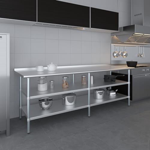 AmGood Stainless Steel Work Table with 1.5" Backsplash and 2 Shelves | Metal Kitchen Food Prep Table | NSF (96" Long x 30" Deep) - size: 96" Long x 30" Deep