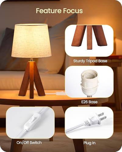 Tripod Table Lamp, 14.6 Inch Small Bedside Lamp with Beige Linen Shade, Modern Nightstand Lamp for Bedroom, Kids Room, Living Room, Nursery, Office, E26 Socket, Dark Wood Base, LE51TL05 - color: Beige+Pearwood