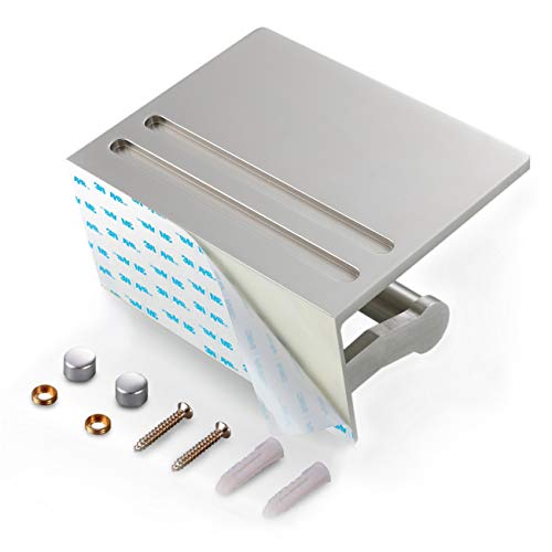 Toilet Paper Holder with Shelf, Aluminum Tissue Roll Holder with Mobile Phone Storage Shelf for Modern Bathroom, 3M Self Adhesive No Drilling or Wall-Mounted with Screws, Brushed Nickel - color: Brushed Nickel