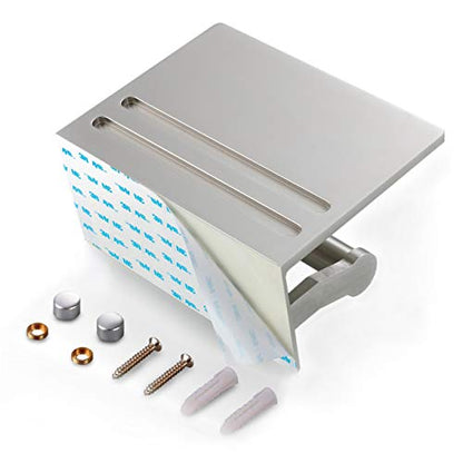 Toilet Paper Holder with Shelf, Aluminum Tissue Roll Holder with Mobile Phone Storage Shelf for Modern Bathroom, 3M Self Adhesive No Drilling or Wall-Mounted with Screws, Brushed Nickel - color: Brushed Nickel