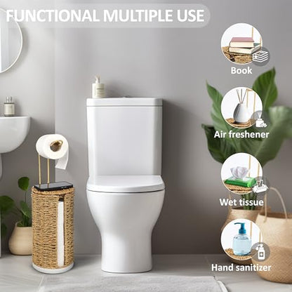 Freestanding Wicker Toilet Paper Holder with Lid, 3 Rolls of Toilet Tissue Storage, Rattan Handmade Woven Toilet Paper Roll Holder Stand, Decorative Boho Bathroom Farmhouse Toilet Paper Holder
