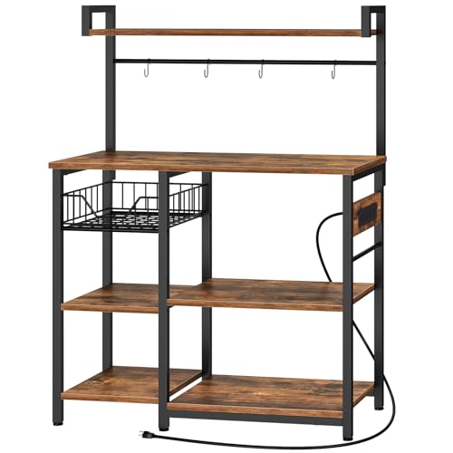 HOOBRO Bakers Rack with Power Outlet, 35.4 Inches Coffee Bar with Mesh Basket, Microwave Stand with 4 S-Shaped Hooks, Kitchen Bakers Rack with Storage, Easy to Assemble, Rustic Brown BF05HB01 - color: Rustic Brown + Black
