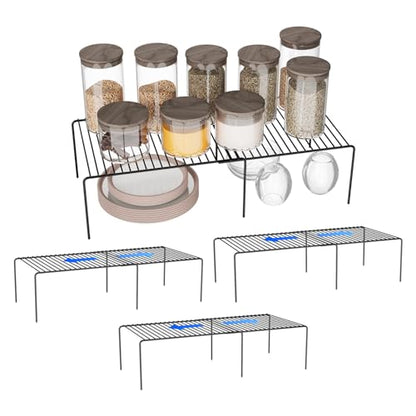 4Pack Expandable Storage Shelf, 13.5"~23" L x 9.4" W x 5.5" H, Black | Adjustable Rustproof Metal Wire Spice Rack, Space Saver Kitchen Storage Shelves for Pan, Pot, Countertop, Drawer, Fridge - size: 4Pack-Black-13.5-23 x 10 inch