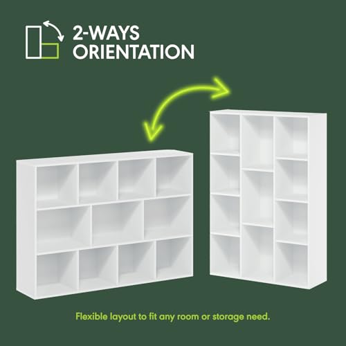 Furinno LUDER Book Shelf, 11-Cube Bookcase, Standing Bookshelf, Open Storage Shelf, Closed Back, Easy Assembly, 9.4 x 29.1 x 41.7 Inches, for Home Office, Living Room, Plain White