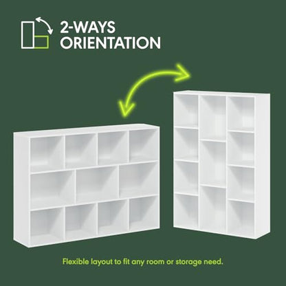 Furinno LUDER Book Shelf, 11-Cube Bookcase, Standing Bookshelf, Open Storage Shelf, Closed Back, Easy Assembly, 9.4 x 29.1 x 41.7 Inches, for Home Office, Living Room, Plain White