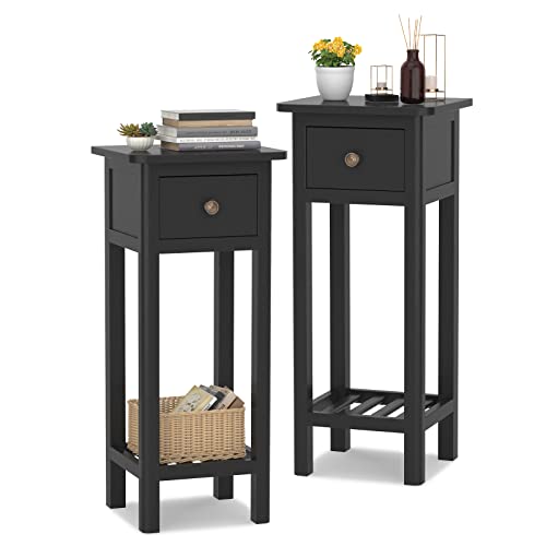 Giantex Tall End Table Set of 2, Narrow Side Table with Drawer and Shelf, Acacia Wood Nightstand for Living Room, 2-Tier Bedside Table for Small Space, No Assembly, Black - color: Black