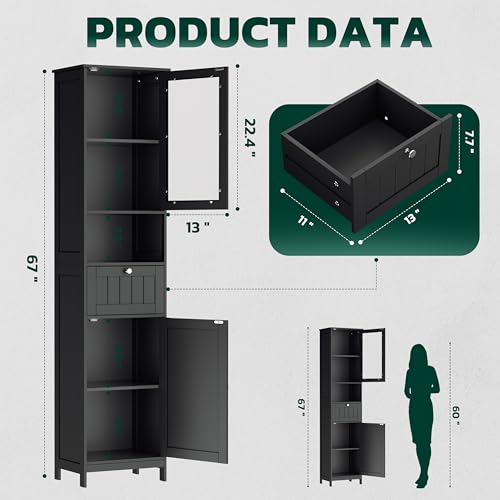 Greenvelly 67" Tall Bathroom Storage Cabinet, Narrow Freestanding Storage Unit with Magnetic Door, Drawer & Adjustable Shelves, Anti-Tip Floor Cabinet for Bathroom, Living Room, Black