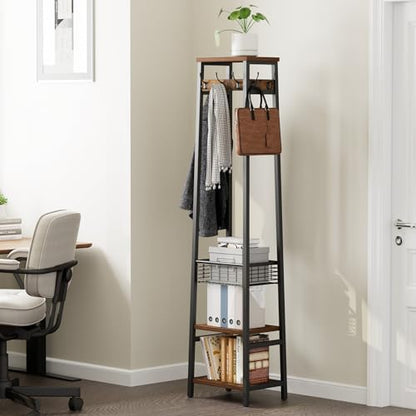 Coat Rack Freestanding, Coat Stand with Metal Basket and Storage Shelves, Hall Tree Free Standing with and 7 Hooks, Clothes Rack Stand Organizer, Rustic Brown and Black - color: Rustic Brown and Black, style: 2 Shelves + 1 Basket