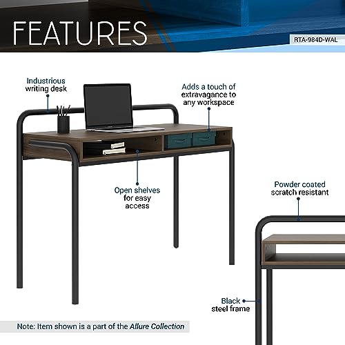Techni Mobili Modern Office Desk with Storage - 46 Inch Classic Writing Table with 2 Open Shelves for Easy Access - Industrial Walnut Desk with Scratch Resistant Steel Frame Allure Collection | 46 Inch modern writing desk with 2 open shelves, scratch‑resi