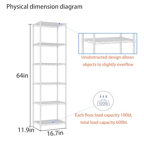 REGILLER 6 Wire Shelving Steel Storage Rack Adjustable Unit Shelves for Laundry Bathroom Kitchen Pantry Closet (16.7L x 11.9W x 64H, White) - color: White