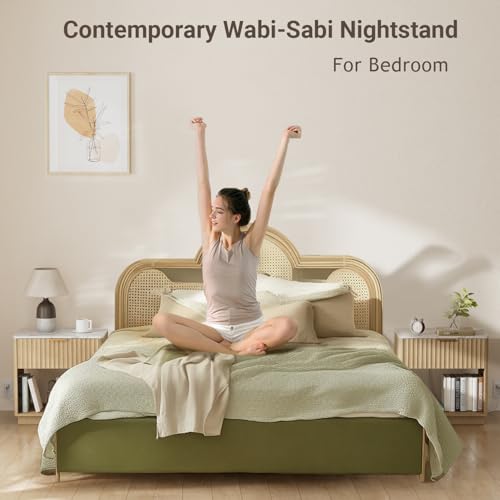 Fluted Nightstand, Night Stand Set 2, 23" Wide Nightstands Set of 2 with Charging Station & Faux Marble Top, Modern End Table with Drawer, Bedside Table for Bedroom Living Room, Natural Oak - color: Natural Oak + Faux Marble Top, size: 1 Drawer（23"W）