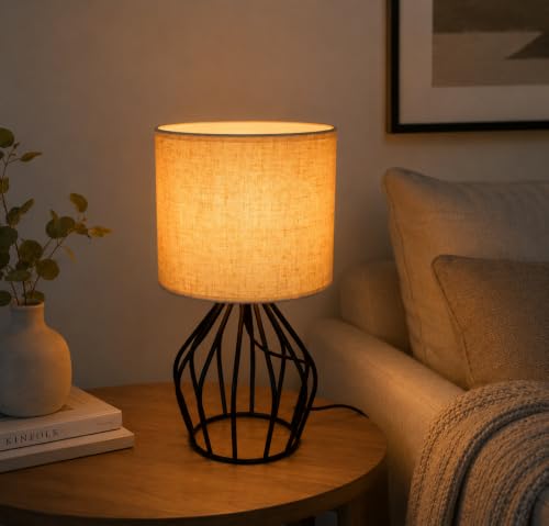 Small Bedside Lamp for Bedroom, Decorative Nightstand Lamp with Black Metal Base and Linen Shade, Cute Table Lamp for Small Spaces, Dorm Room & Apartment