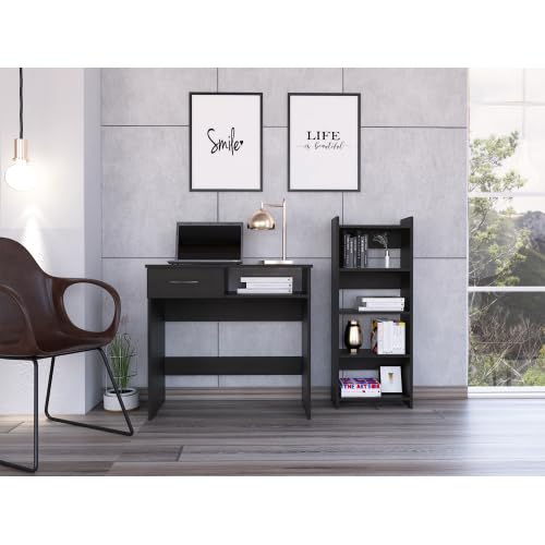 Compact Desk Bookcase Combo: Modern Black Wood Home Office Workstation with Keyboard Tray & Storage Shelves - Space Saving Design for Small Apartments & Study Rooms