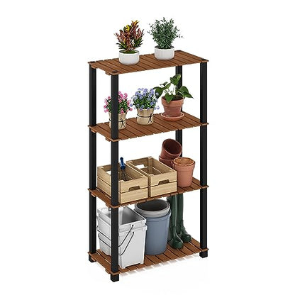 Furinno Pangkor 4-Tier Turn-N-Tube Indoor Outdoor Plant Shelf Wood Stand with Square Poles, Natural/Black - style: 4 Tier Square Poles