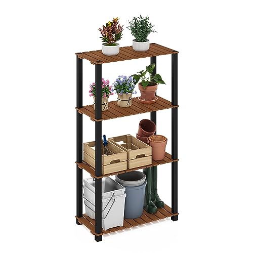 Furinno Pangkor 4-Tier Turn-N-Tube Indoor Outdoor Plant Shelf Wood Stand with Square Poles, Natural/Black - style: 4 Tier Square Poles