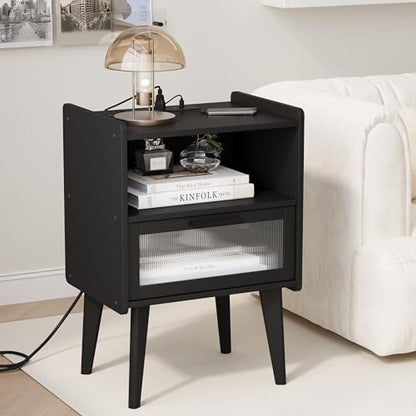 MMEOLUOOK Nightstand with Charging Station, Bedside Tables, End Table Side Table with 2 Tiers Storage Space, for Bedroom, Living Room, Black CAMLBZ07BE - color: Black