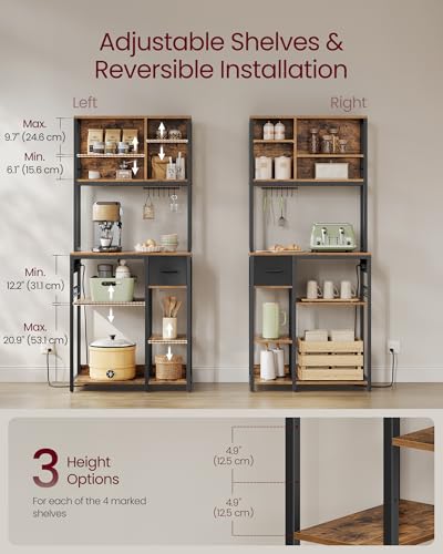 VASAGLE Bakers Rack with Charging Station, Coffee Bar, 15.7 x 31.5 x 71 Inches, Kitchen Microwave Stand, Adjustable Storage Shelves, Fabric Drawer, 12 Hooks, Rustic Brown and Ink Black UKKS015K01 - color: Rustic Brown + Ink Black, size: 15.7"D x 31.5"W