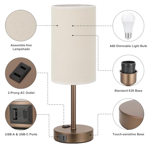 Touch Table Lamp - Beige, 3-Way Dimmable, USB A + C Charging, AC Outlet, 17.4inch Medium, Brown Metal Base - color: Beige - Brown, size: 17.4" Touch Control