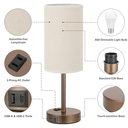 Touch Table Lamp - Beige, 3-Way Dimmable, USB A + C Charging, AC Outlet, 17.4inch Medium, Brown Metal Base - color: Beige - Brown, size: 17.4" Touch Control