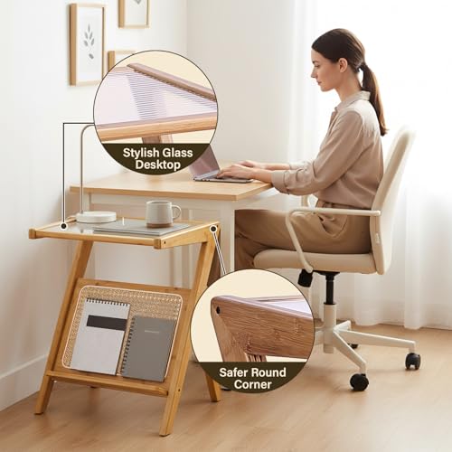 Tiita Rattan Side Table, Mid Century Nightstand, Bamboo Accent Bedside Tables, Glass Coffee Tables, Boho Wooden End Table with Storage for Small Space, Living Room and Bedroom - color: Rattan-l-wood