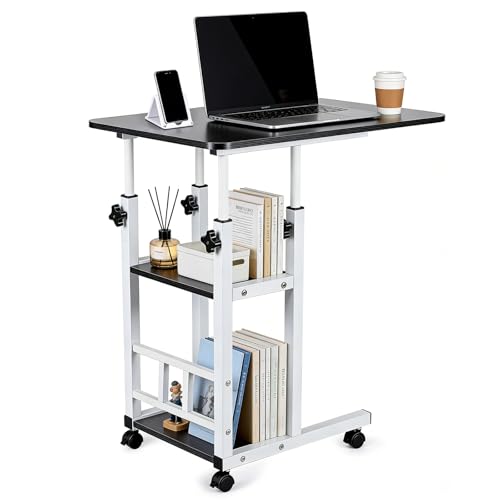 Adjustable C Table,Over Bed Table with Wheels,Rolling Side Table, Over Bed Table with Wheels, Bedside Table, for Sofa Side Small Space, Stable Multi Storage Desk, Black - color: Black