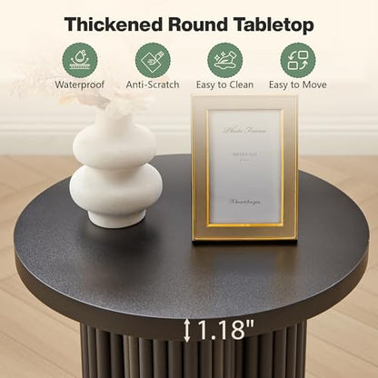 Round Fluted End Table, 17.7'' Mid Century Modern Side Table, Circle Bedside Tables Drink Table Wood Nightstand for Small Spaces, Living Room (Black-1PCS) - color: Black-1pcs