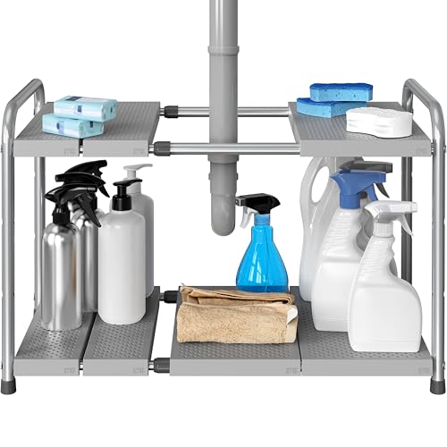 Simple Houseware Under Sink 2-Tier Heavy Duty Expandable Organizer, Silver | Adjustable Width 15.75–25 Inches with 4 Shelf Height Levels - color: Silver