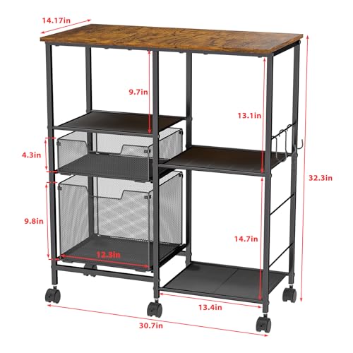 Rolling Microwave Cart with Storage, Microwave Stand with Drawers, Kitchen Storage Rack On Wheels, Kitchen Storage Cart Shelves Organizer Used As Bakers Rack Coffee Bar Station Kitchen Island Cart