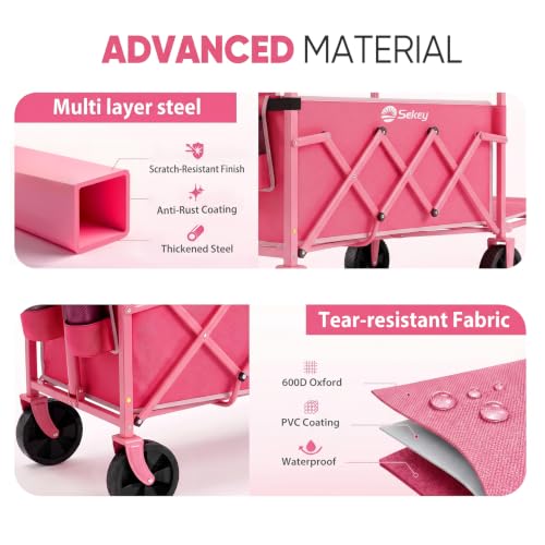 Sekey Collapsible Wagon Cart with Drop-Down Tailgate, 300 lb Capacity - color: Pink, size: 300 lbs