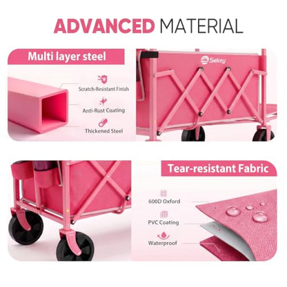 Sekey Collapsible Wagon Cart with Drop-Down Tailgate, 300 lb Capacity - color: Pink, size: 300 lbs