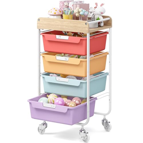 Rolling Craft Storage Cart with 4 Drawers,Utility Cart with Drawers,Art Craft Organizers and Storage,Kids Craft Cart,Kids Art Cart With DIY Lable and Wooden Tabletop Area,Jelly Bean Color - color: Jelly Bean Color, size: 4-Drawer