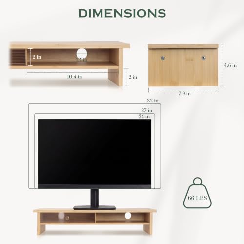 Bamboo Monitor Stand with Acrylic Sliding Door, Monitor Riser with Storage and Cable Management, Wood Desk Shelf for Home Office, Laptop and Printer