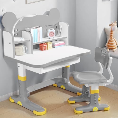 Kids Desk and Chair Set, Height Adjustable Child's School Study Writing Tables, Kids Desk with Bookstand and Storage Drawer, Widened Desktop with Desktop for Boys and Girls (Gray-F) - color: Gray-f