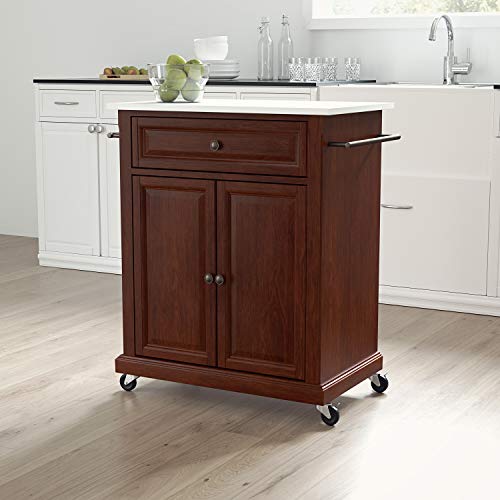Crosley Furniture Compact Stone Top Small Rolling Cart with Shelves, Microwave Stand with Towel Rack, Mahogany - color: Mahogany, style: White Granite Top