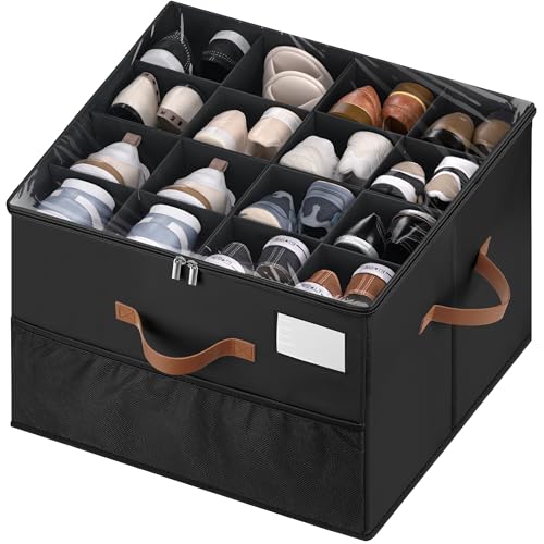 Shoe Organizer for Closet, 1 Pack Shoe Storage Container with Adjustable Dividers, Space Saving Shoe Box Storage Organizer Bin with Clear Lid and 4 Handles, Fits 8-16 Pairs, Pure Black - color: Black, size: (1 Pack) 17"L x 17"W x 12 ½"H