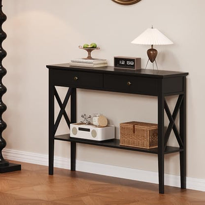 ChooChoo Console Table with Drawers, Narrow Wood Accent Sofa Table Entryway Table with Storage Shelf for Entryway, Front Hall, Hallway, Living Room, Black | 11.8"D x 39.4"W x 31.5"H, Console Table, Narrow Wood Accent Sofa Table for Entryway, Front Hall, H